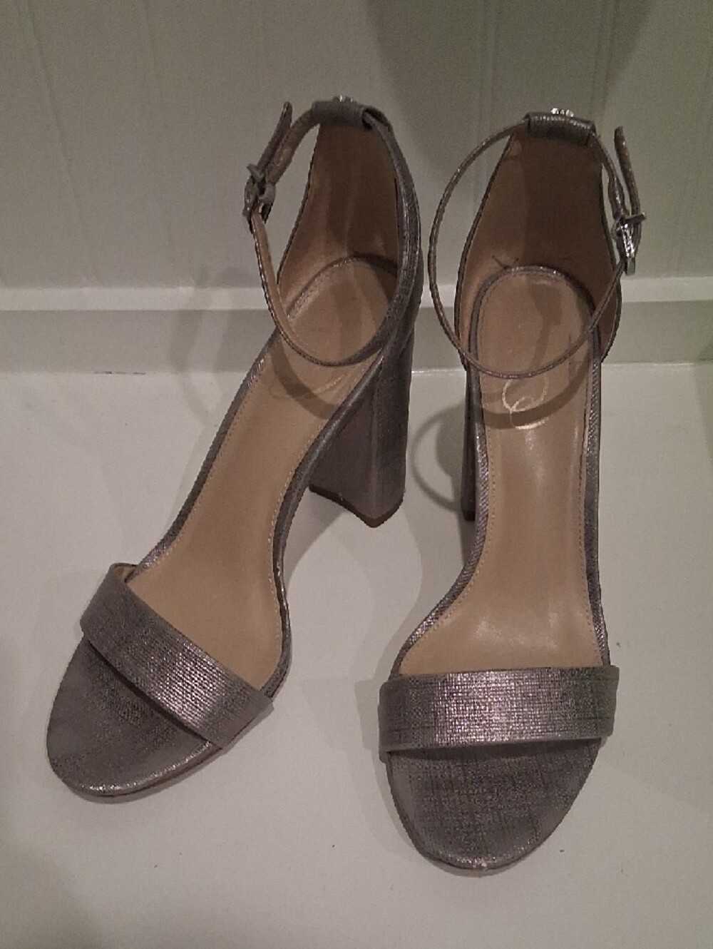 Sam Edelman Metallic Pewter Ankle-Strap Block Heels